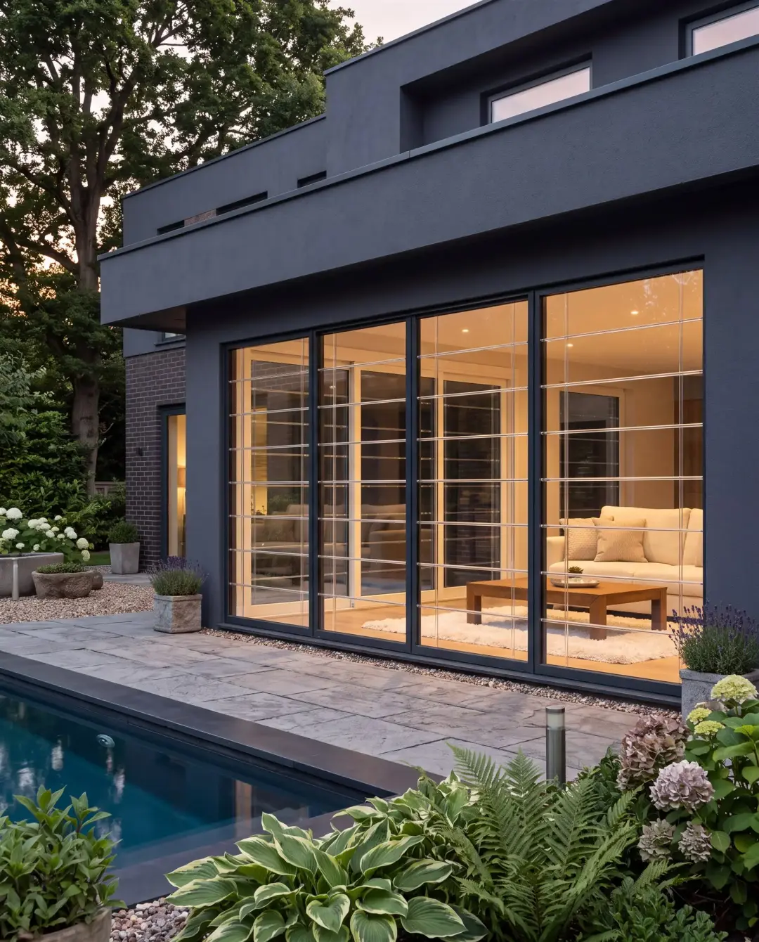 Transparent security bars protecting the windows of a contemporary home
