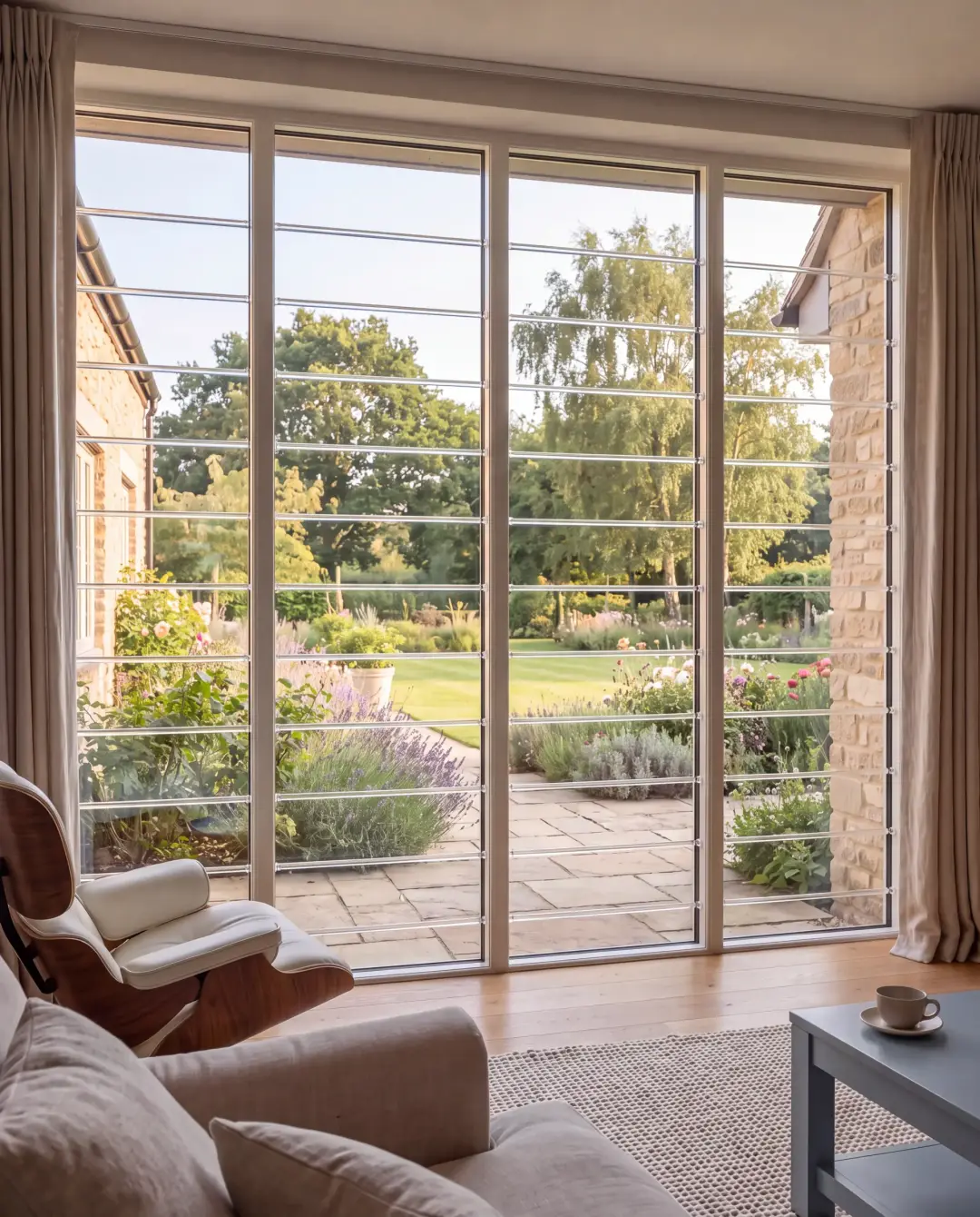 Living room with transparent security bars across garden doors and a grey table