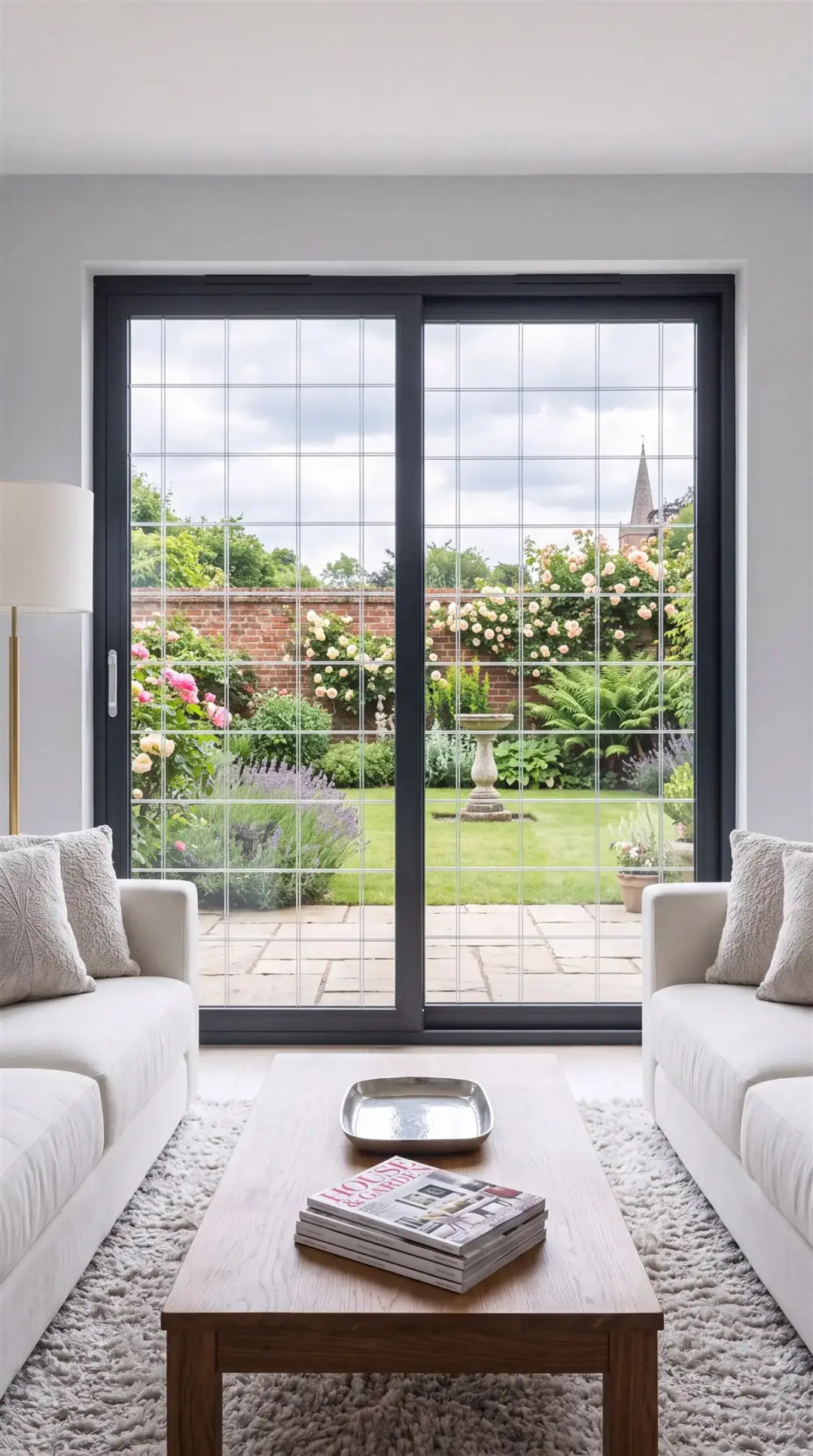 Slim garden doors protected by discreet transparent security bars